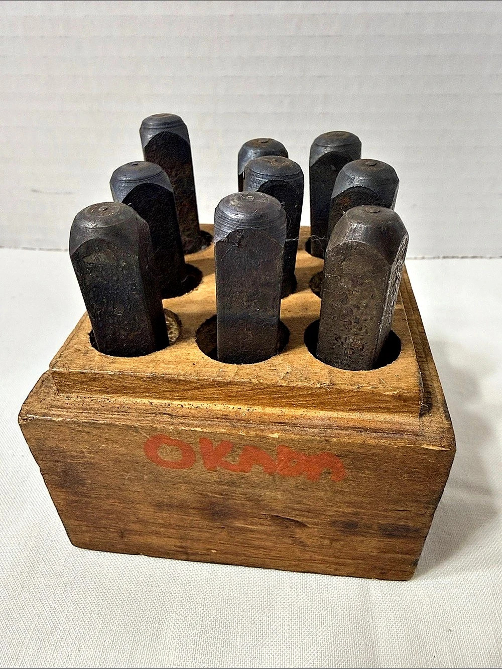 Vintage Japan Okada Metal Number Punch Stamp Machinist Tool 9 pc Wood Block #302